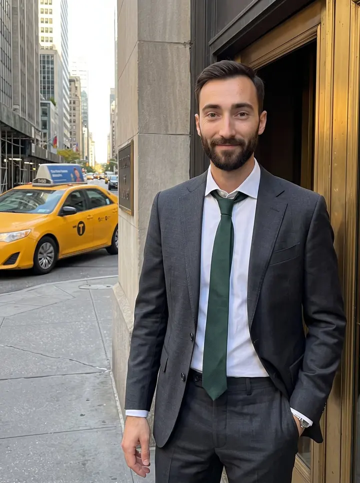 Sigurd, AI character: outside a discreet family office entrance in Midtown Manhattan after a late client meeting, brass door…