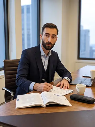 Sigurd, AI character: a family office conference room in New York, long walnut table, open annual reports, laptop, coffee cups…