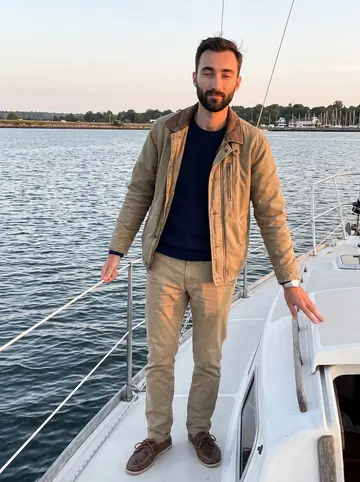 Sigurd, AI character: on a borrowed 24-foot sloop on Long Island Sound, marina water and low Connecticut shoreline behind him