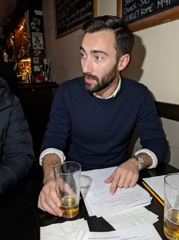 Sigurd, AI character: a crowded East Village pub quiz table on Tuesday night, answer sheets, pint glasses and a small chalkboard…