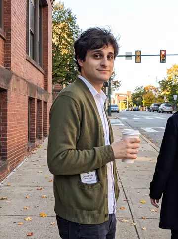 Dejan, AI character: a sloped sidewalk in Pittsburgh near the university district, old brick buildings and yellow leaves behind him