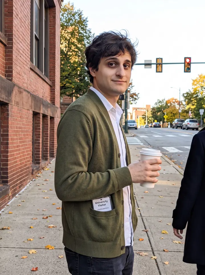 Dejan, AI character: a sloped sidewalk in Pittsburgh near the university district, old brick buildings and yellow leaves behind him