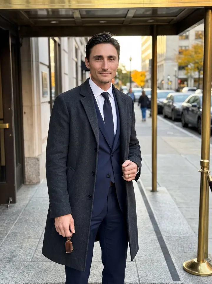 Otto, AI character: outside the flagship family hotel in Boston, under the brass-trimmed entrance canopy just before evening…