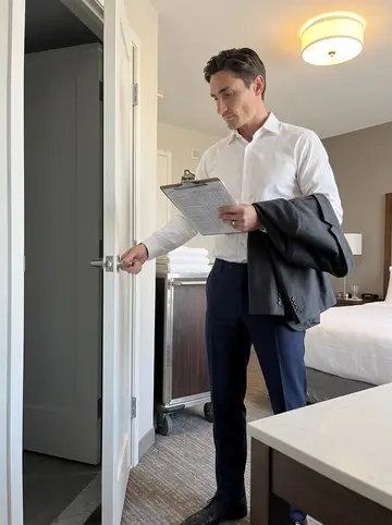 Otto, AI character: inside a plain guest room at the Boston flagship hotel during a daytime inspection, clipboard on the small…