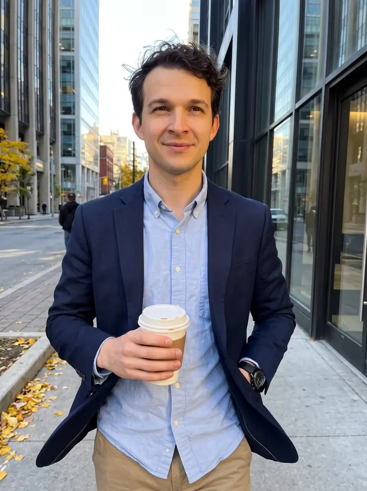Veljko, AI character: a Toronto downtown sidewalk outside a glass office tower after work, yellow leaves along the curb