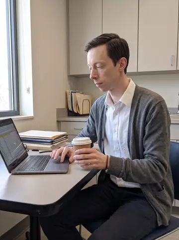 Vidar, AI character: a county public health office break room with a plain table, unlabeled folders, and a laptop