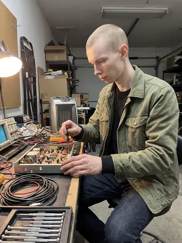 Jukka, AI character: his cold garage in Oshawa, sitting at a cluttered bench with an open old oscilloscope, hand tools, and a…
