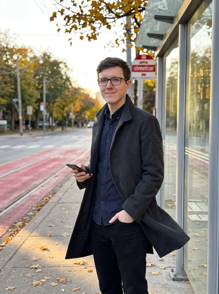 Petar, AI character: a quiet Toronto streetcar stop on a tree-lined avenue, red streetcar tracks catching low autumn sun behind him
