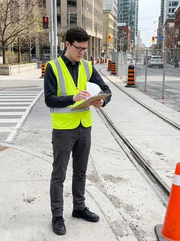 Petar, AI character: a daytime TTC track inspection area near a downtown Toronto intersection, orange cones and rail grooves…
