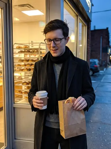 Petar, AI character: outside a Polish bakery on Roncesvalles at blue hour, warm window light behind racks of buns