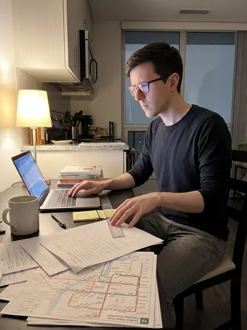 Petar, AI character: his small Toronto apartment kitchen table late at night, laptop open beside printed transit maps, sticky…