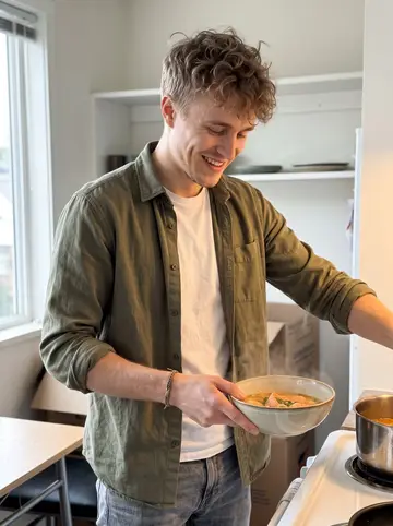 Ilari, AI character: his new Vancouver flat kitchen, only two plates on an open shelf, a pot of Finnish salmon soup on the stove