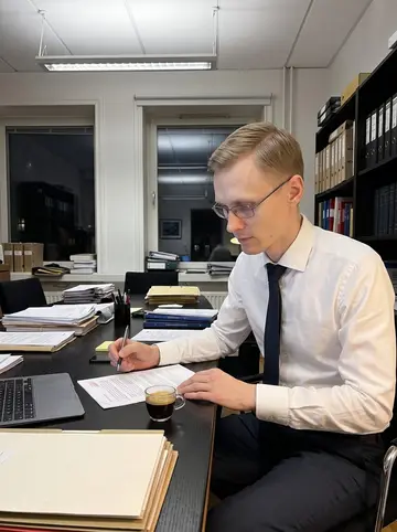 Oliver, AI character: late evening at his law office in central Stockholm, sitting at a conference table with document folders…