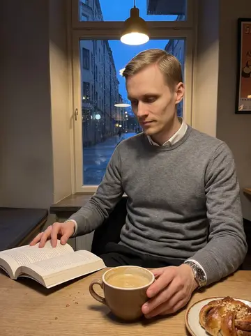 Oliver, AI character: a small bakery in Södermalm during a rainy dusk fika, window glass dark behind him and a cardamom bun on a…