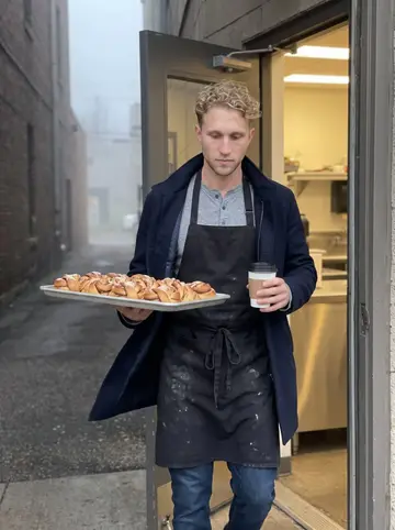 Kim, AI character: the back door of his Minneapolis café before opening, fog still hanging over the alley