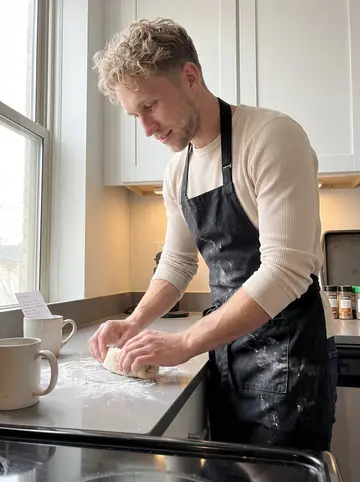 Kim, AI character: his apartment kitchen on a quiet spring morning, baking tray and spice jar on the counter