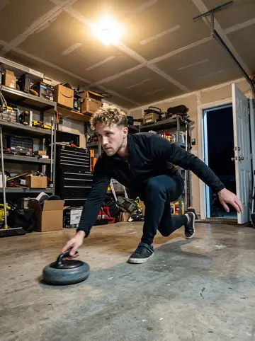 Kim, AI character: a friend’s garage late at night, practicing curling slides on a smooth floor with a rubber stone