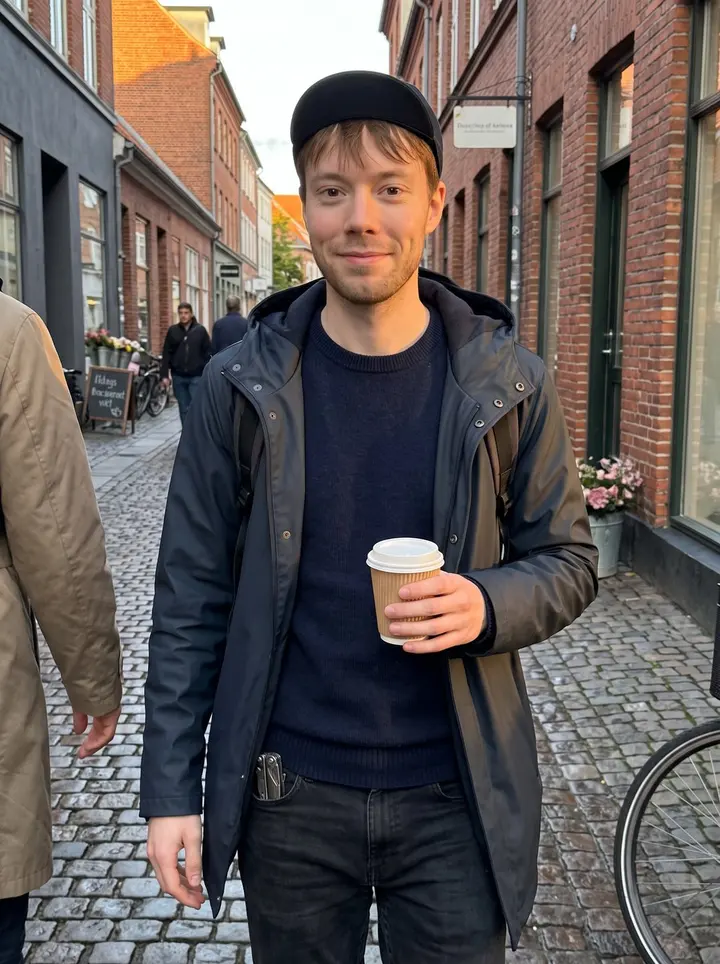 Mads, AI character: Aarhus Latin Quarter on a clear autumn late afternoon, walking past brick storefronts with a paper coffee…