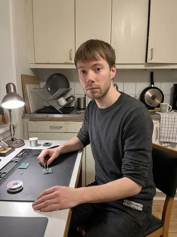 Mads, AI character: his small Aarhus kitchen table on a Sunday night, tiny circuit boards, soldering mat, one pan drying by…