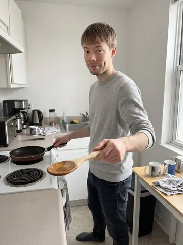 Mads, AI character: his plain apartment kitchen on a late weekend morning, one frying pan on the stove and a small table by…