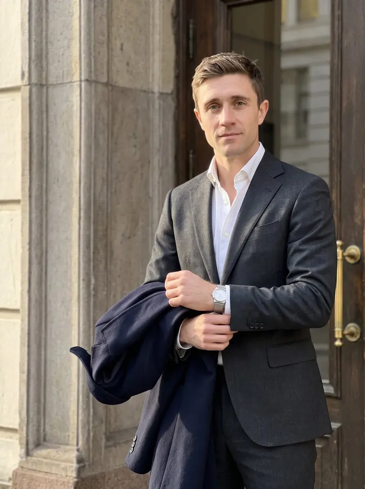 Øyvind, AI character: outside the old Oslo construction company headquarters before the hundredth-anniversary dinner, stone…