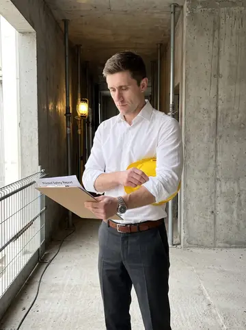 Øyvind, AI character: inside a partly finished apartment building on an Oslo construction site, raw concrete walls and safety…