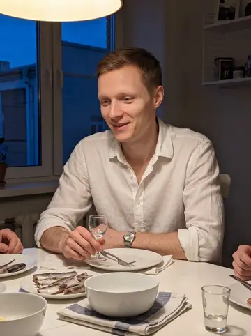 Mikael, AI character: his apartment dining table during the midsummer dinner he hosts, plates of herring and small glasses set…