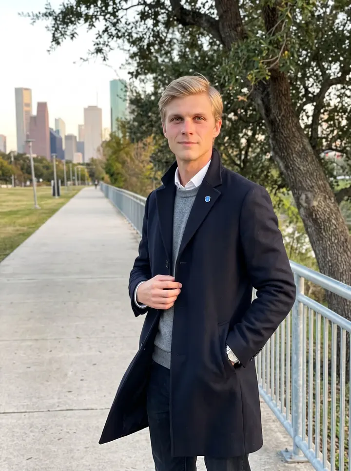 Matti, AI character: Buffalo Bayou path near downtown Houston, late afternoon after hospital rounds, city skyline and live oaks…