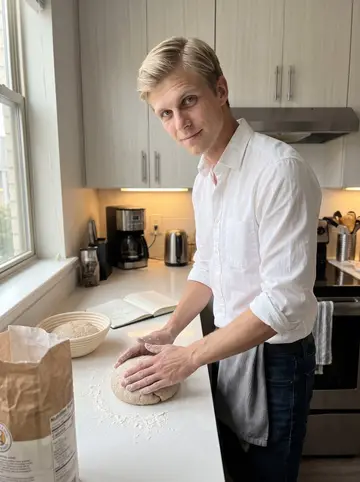 Matti, AI character: small Houston apartment kitchen on a Sunday morning, rye dough bowl and flour-dusted counter in front of him
