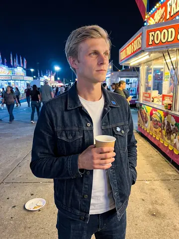 Matti, AI character: Houston rodeo grounds at night, food stalls and colored lights behind him while a colleague explains the rules