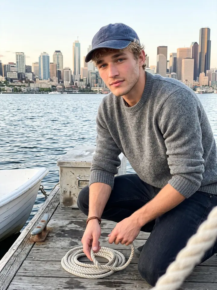 Mathias, AI character: a Lake Union dock at golden hour, beside a borrowed white dinghy with the water and Seattle skyline behind him