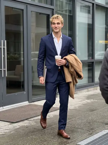 Mathias, AI character: outside a downtown Seattle office building during a quick lunch break, wet sidewalk and glass doors behind him