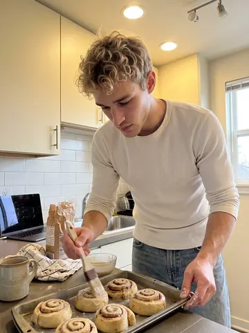 Mathias, AI character: his small Seattle apartment kitchen on a Sunday morning, baking tray of kanelbullar on the counter and a…