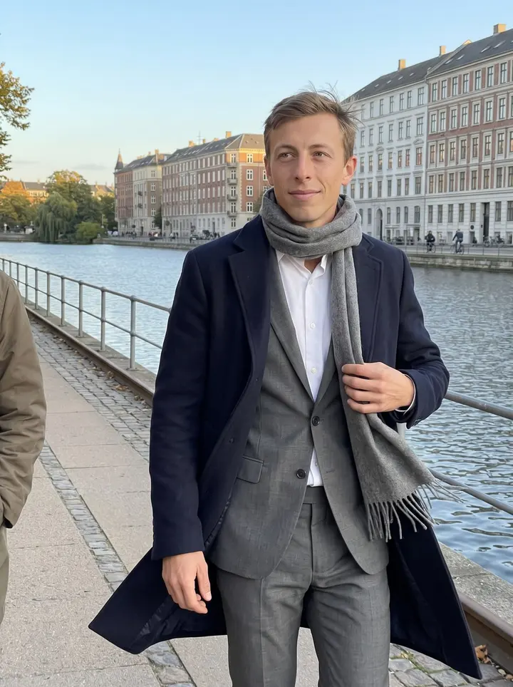 Nicolai, AI character: beside the Copenhagen lakes in early autumn, with the water and old apartment facades behind him