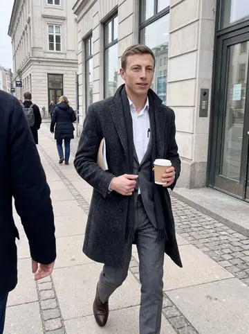 Nicolai, AI character: outside a discreet bank office near Kongens Nytorv during a cold lunch break
