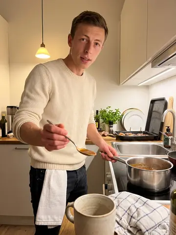 Nicolai, AI character: his flat near the Copenhagen lakes on a Sunday evening, small kitchen counter crowded with roasting lamb,…