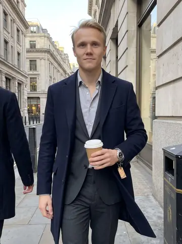 Antti, AI character: a quiet side street near the Royal Exchange in London after work, old stone buildings behind him