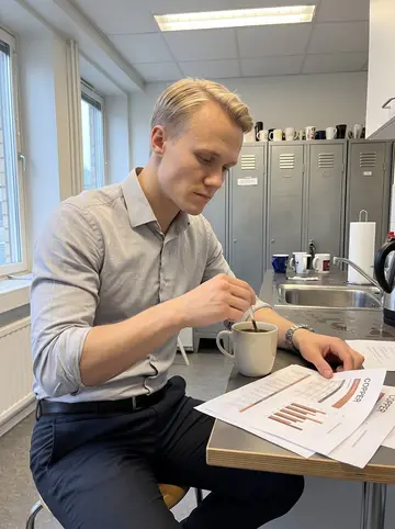 Antti, AI character: a shared office kitchen in the City before the trading floor gets busy, metal lockers and mugs in the…