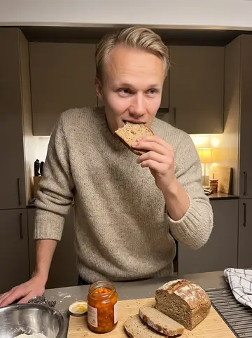 Antti, AI character: his small London flat kitchen after midnight, rye bread cooling on a rack and a jar of cloudberry jam open…