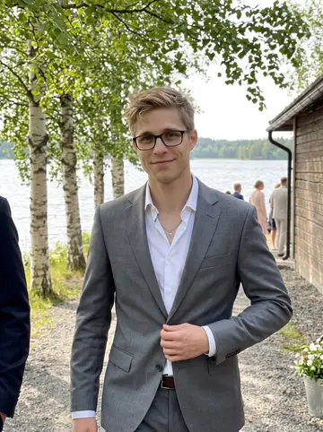 Heikki, AI character: outside a small lakeside wedding venue near Tampere in early June, birch trees and the lake behind him