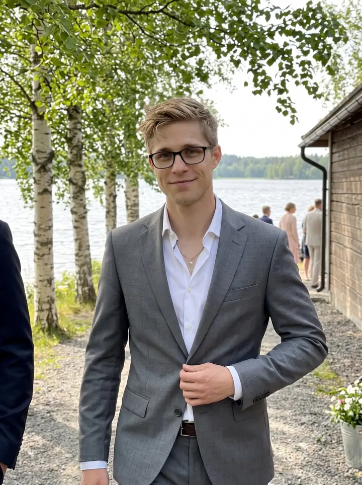 Heikki, AI character: outside a small lakeside wedding venue near Tampere in early June, birch trees and the lake behind him