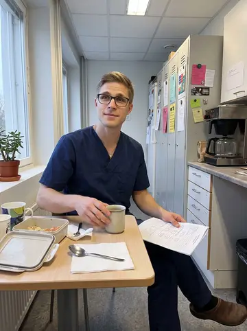 Heikki, AI character: staff break room at his dental clinic in Tampere, lockers and a small coffee machine in the background