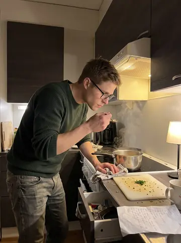 Heikki, AI character: his apartment kitchen in Tampere at 1 a