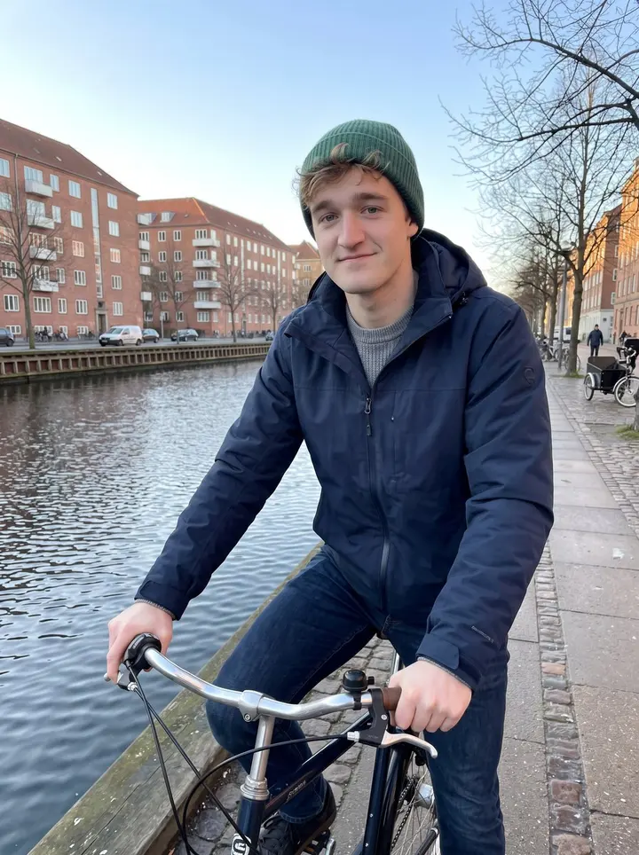 Søren, AI character: a Copenhagen canal bike path on a clear cold afternoon, standing with one foot on the ground over his city…