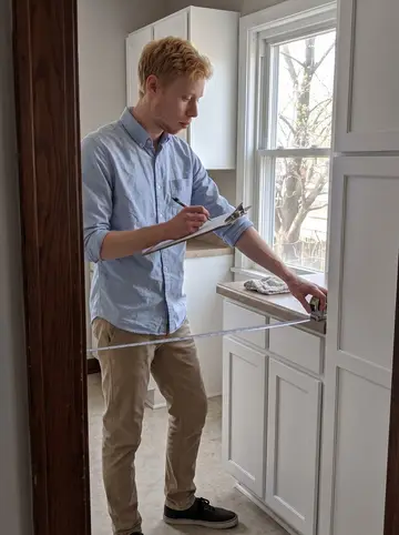 Robin, AI character: empty kitchen of a small south Minneapolis house during an appraisal, tape measure stretched along the…