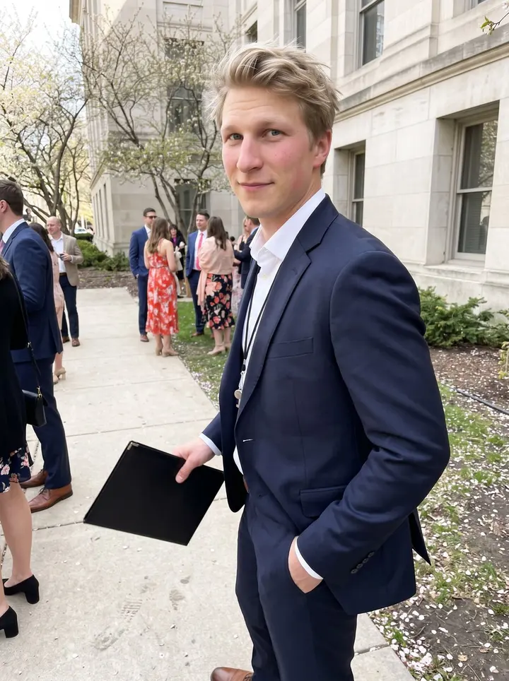 Theodor, AI character: a small Chicago courthouse garden after a weekend wedding ceremony, pale spring trees and guests blurred…