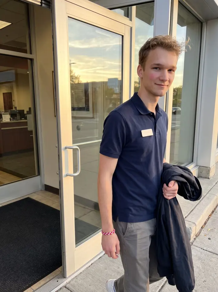 Teemu, AI character: outside the Minneapolis credit union after his shift, standing in the glass doorway with the lobby lights…