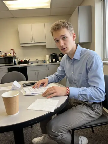 Teemu, AI character: credit union break room before opening, small round table with a paper cup, speech notes and a handheld…
