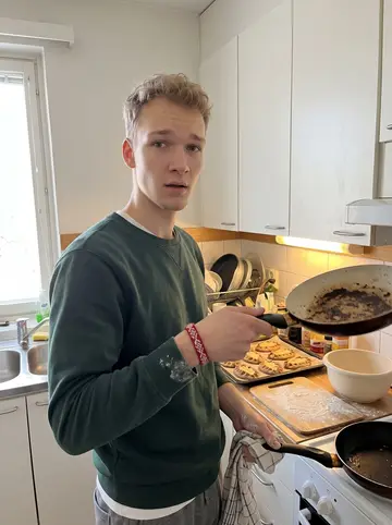 Teemu, AI character: small shared apartment kitchen, tray of karjalanpiirakka on the counter and flour on a cutting board