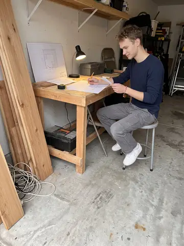 Teemu, AI character: shared garage workbench where he is sketching a tiny sauna layout on graph paper, cedar boards stacked…